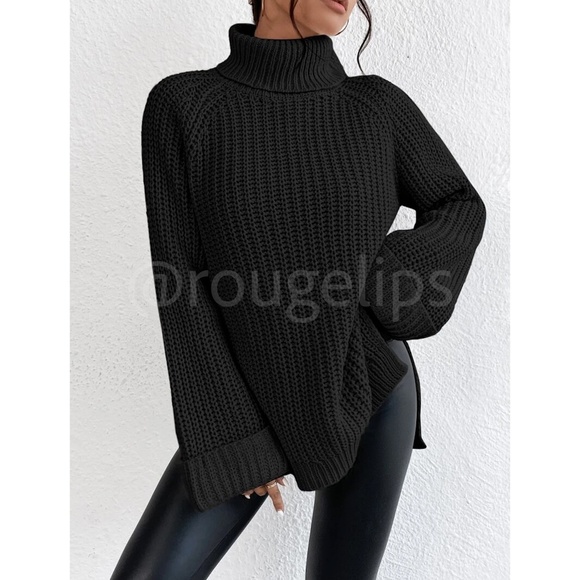 Casual Pullover Sweater Cable Knit Turtleneck  Black High Neck Long Sleeve - Picture 6 of 8
